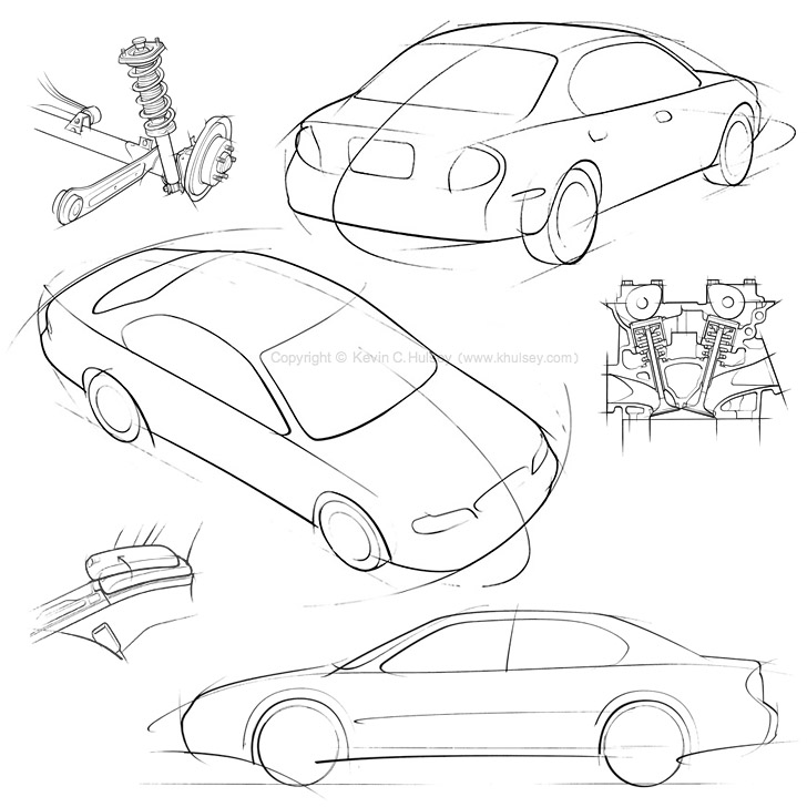 Car concept rough sketch line drawings of Nissan Maxima
