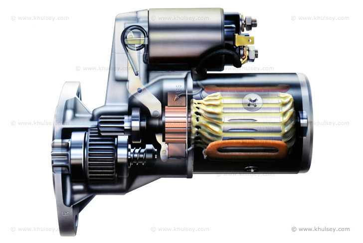 Car starter motor cutaway stock illustration