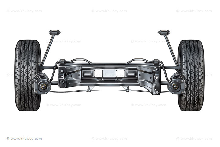 Rear multi-link car suspension overhead bird's eye view stock illustration