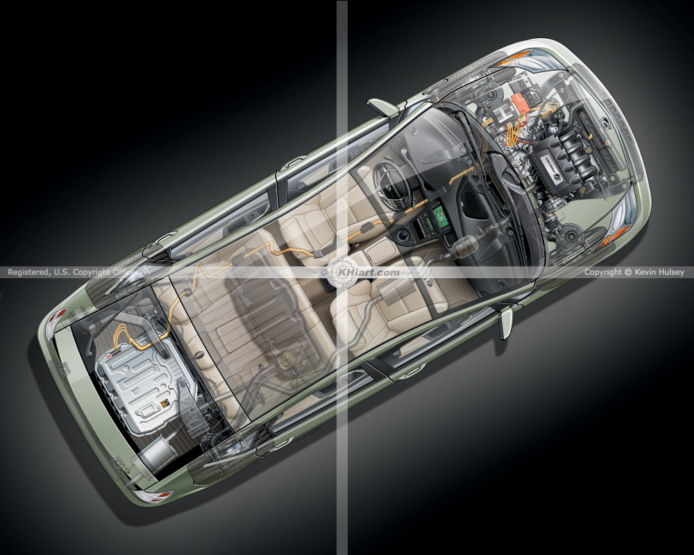 generic ev hybrid car top view cutaway
