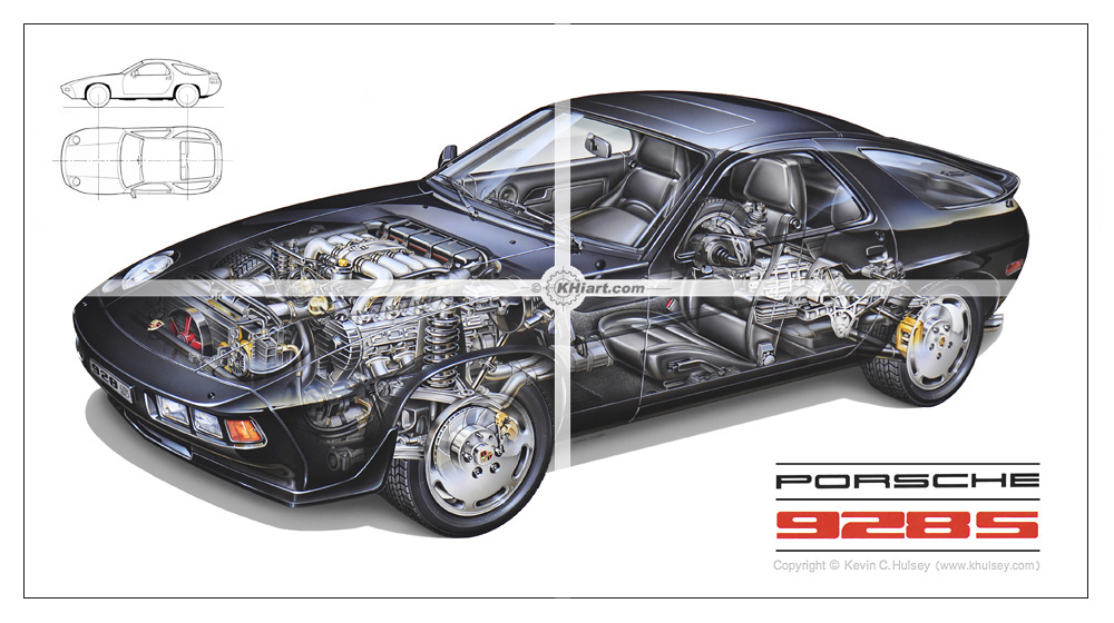 Cutaway airbrush illustration of a 1984 Porsche 928 frontengine 