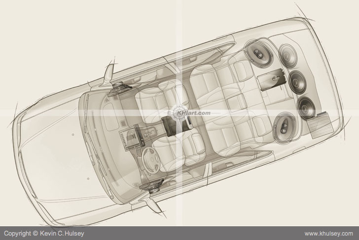 Overhead car technical line drawing