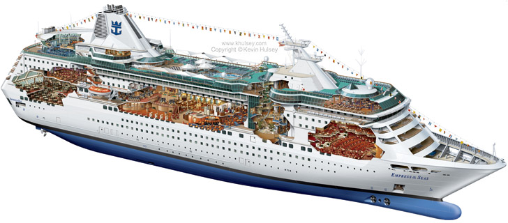 Cutaway of ship by technical illustrator Hulsey