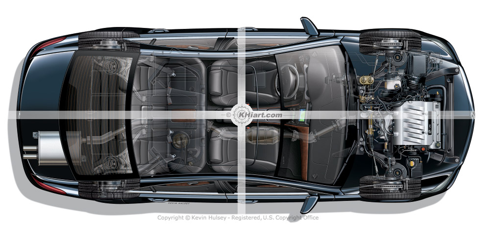 transparent car overhead cutaway of 2012 4-door sedan